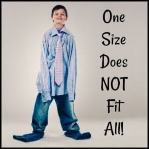 a boy with adult clothes on "one size does not fit all